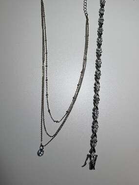 Silver Tone Layered Crystal Necklace and Marquise Tennis Bracelet Jewelry Set